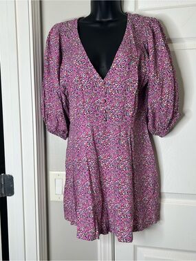 Zara Floral Skort Pink Purple Puff 3/4 Sleeve V-Neck Button Front Size M